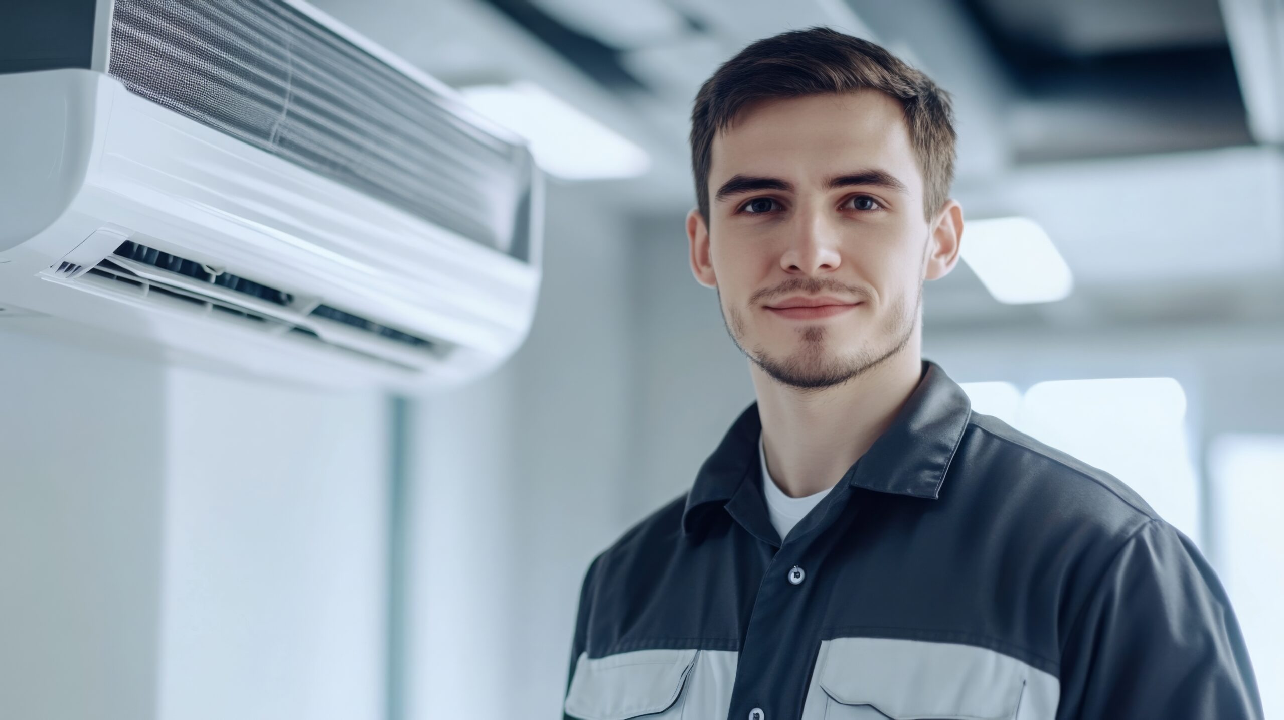Young technician poses confidently by air conditioning unit indoors in bright modern setting